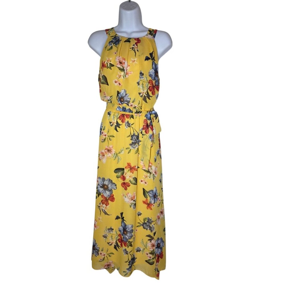 Apt 9 Yellow Floral Halter Maxi Dress‎ W Belt Blouson A-Line Pleated Neck S